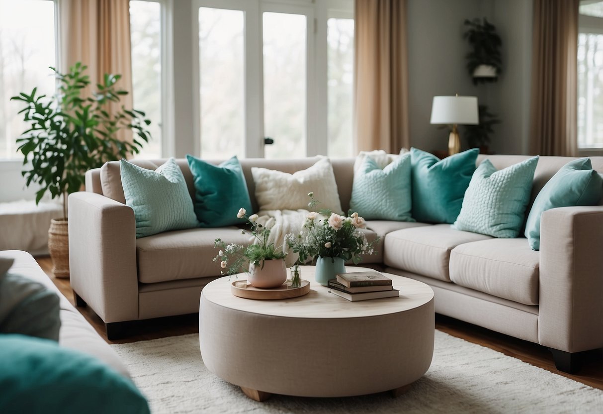 A cozy living room with a neutral color palette featuring a plush sofa adorned with aqua blue accent pillows, adding a pop of color to the space