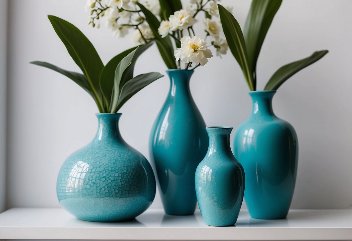 Three turquoise ceramic vases arranged on a white shelf. Bright aqua blue home decor