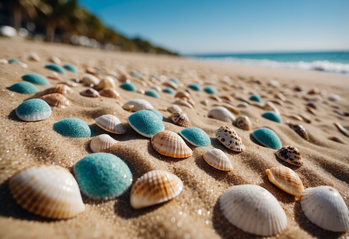 A sandy beach with gentle waves, seashells scattered about, and a bright aqua blue rug as the focal point of a beach-themed home decor