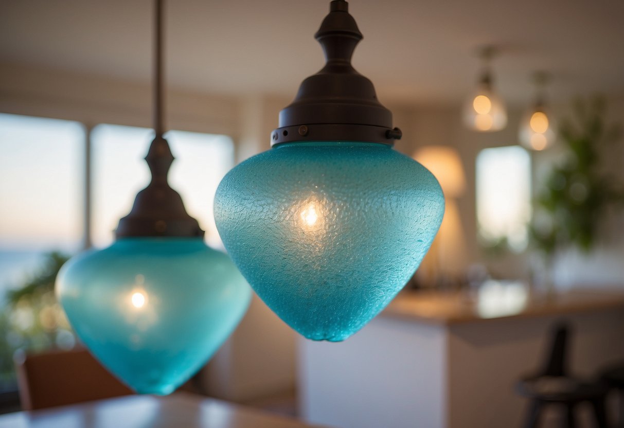 Aqua blue sea glass pendant lights hang above a cozy living room, casting a soft, calming glow. The light reflects off the glass, creating a tranquil and serene atmosphere in the space