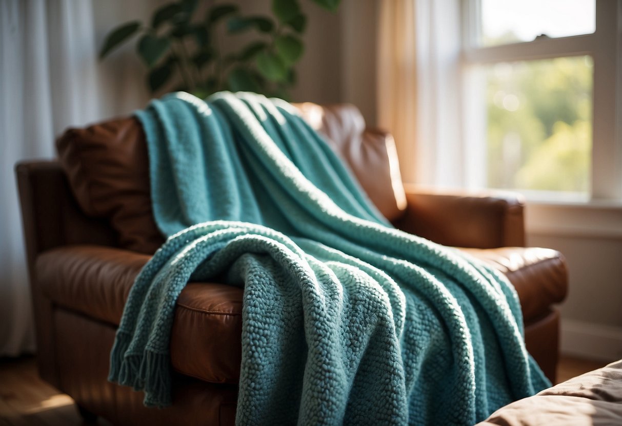 An aqua blue throw blanket draped over a cozy couch in a bright living room with sunlight streaming in through the window