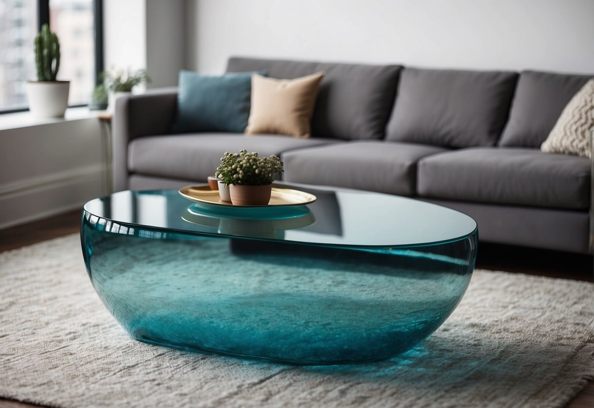 An aqua blue glass coffee table sits in a modern living room, surrounded by matching decor and accents