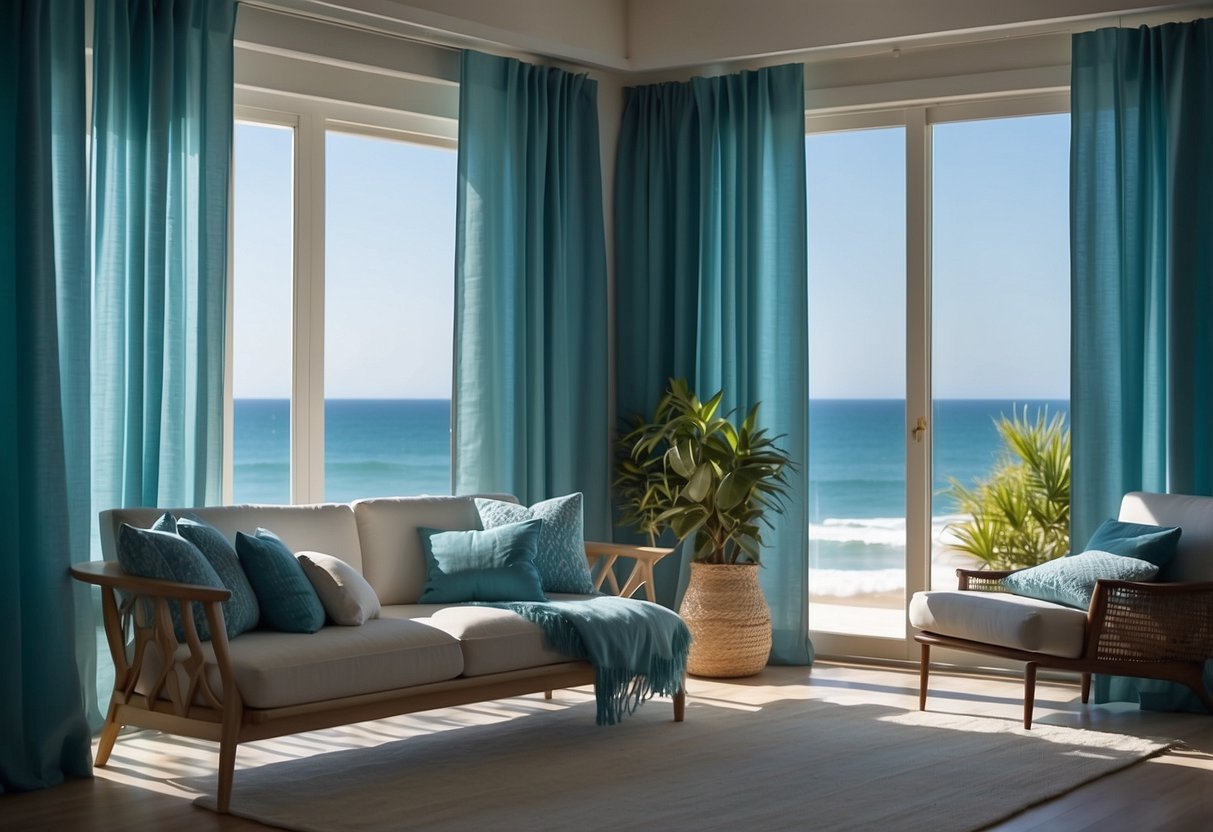 A room with aqua blue coastal curtains billowing in the breeze, creating a serene and beachy atmosphere