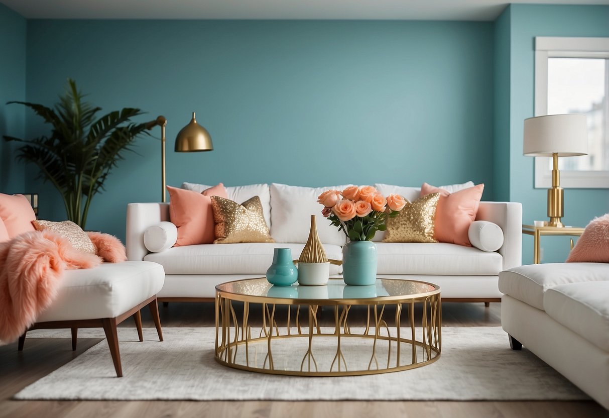 A living room with aqua blue accent wall, white furniture, and pops of coral and gold decor