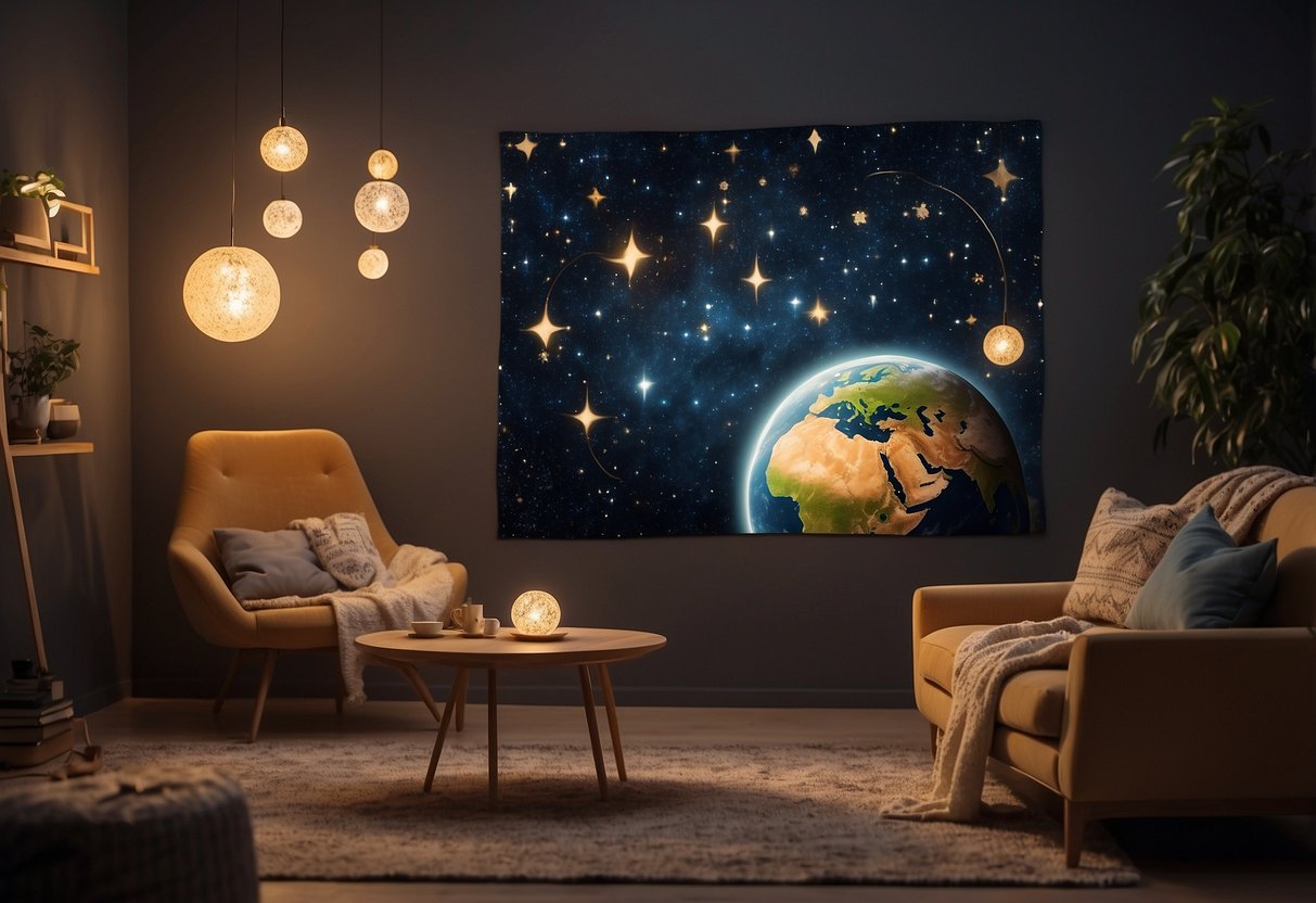 A cozy living room with zodiac-themed throw pillows, constellation wall art, and a celestial globe on a side table. A soft, starry glow emanates from a constellation lamp in the corner