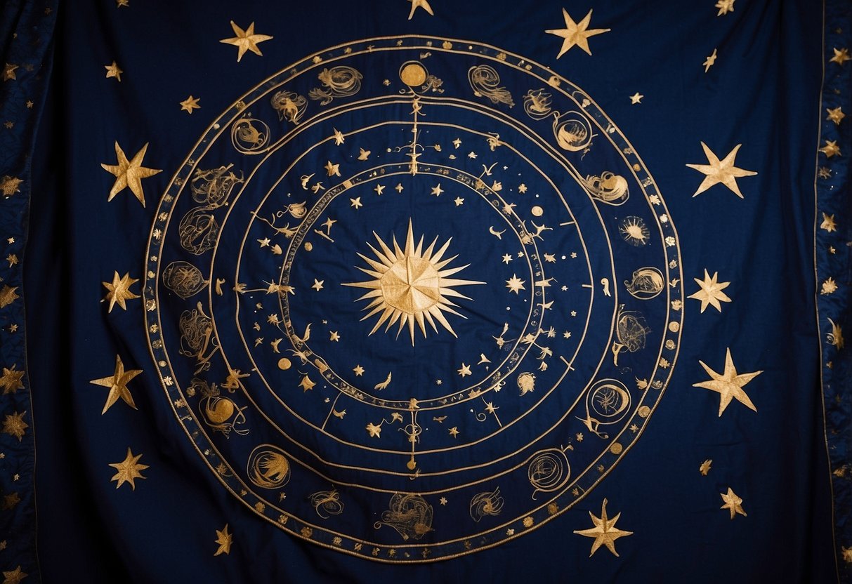 A dark blue tapestry adorned with shimmering stars and zodiac symbols, hanging against a wall with warm ambient lighting