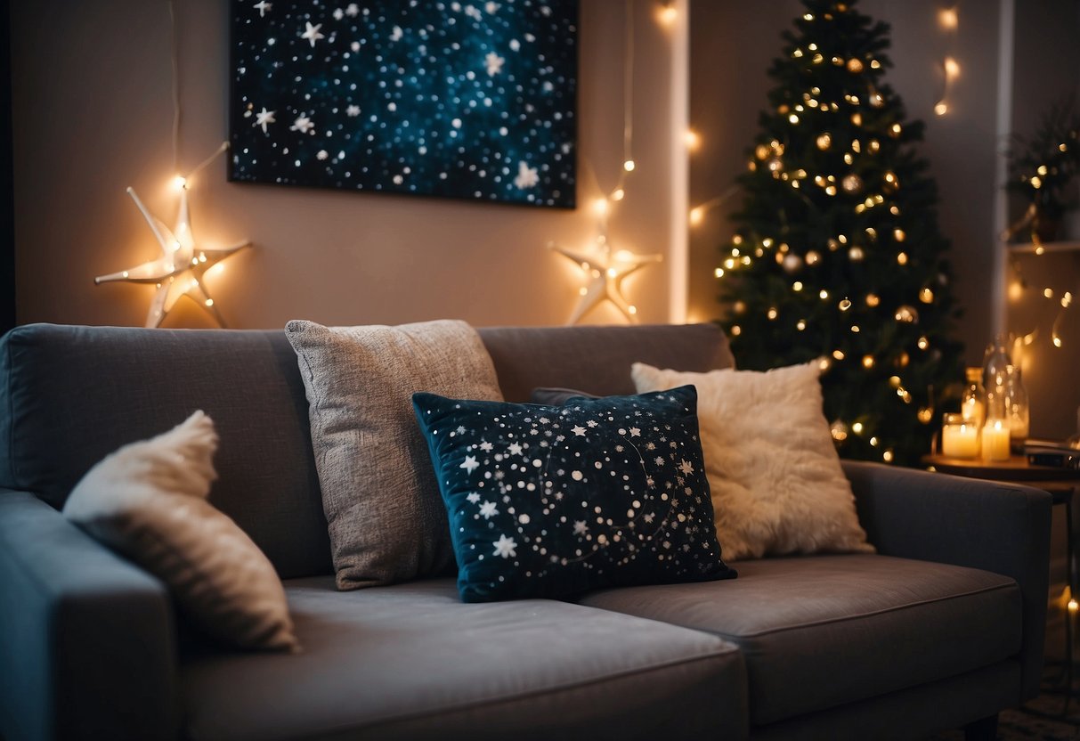 A cozy living room with astrology throw pillows scattered on a plush couch, surrounded by celestial-themed wall art and twinkling string lights