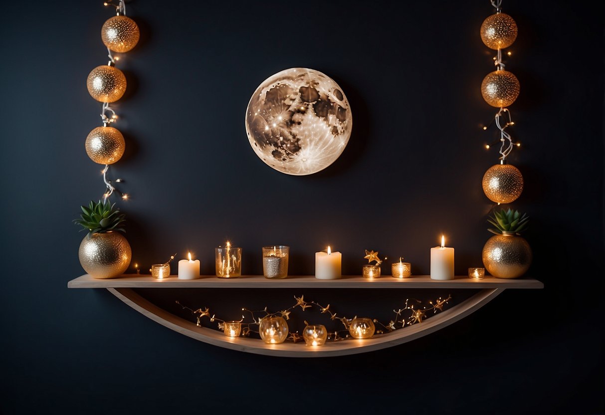 A moon phase wall shelf hangs against a dark wall, adorned with celestial decor and surrounded by twinkling fairy lights