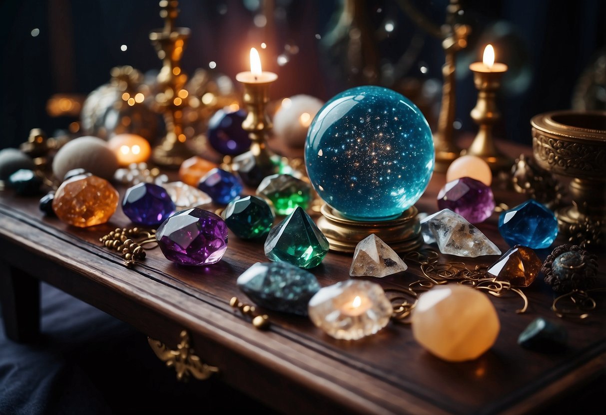 A table adorned with various astrological crystals, surrounded by celestial-themed decorations