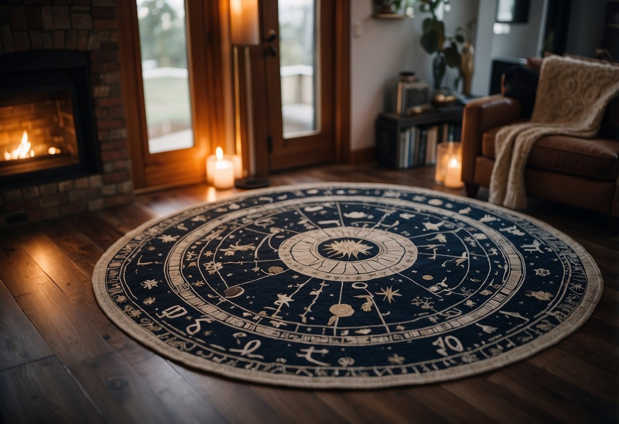 A cozy living room with astrology-themed rugs, featuring zodiac symbols, constellations, and celestial patterns, adding a mystical and enchanting touch to the space