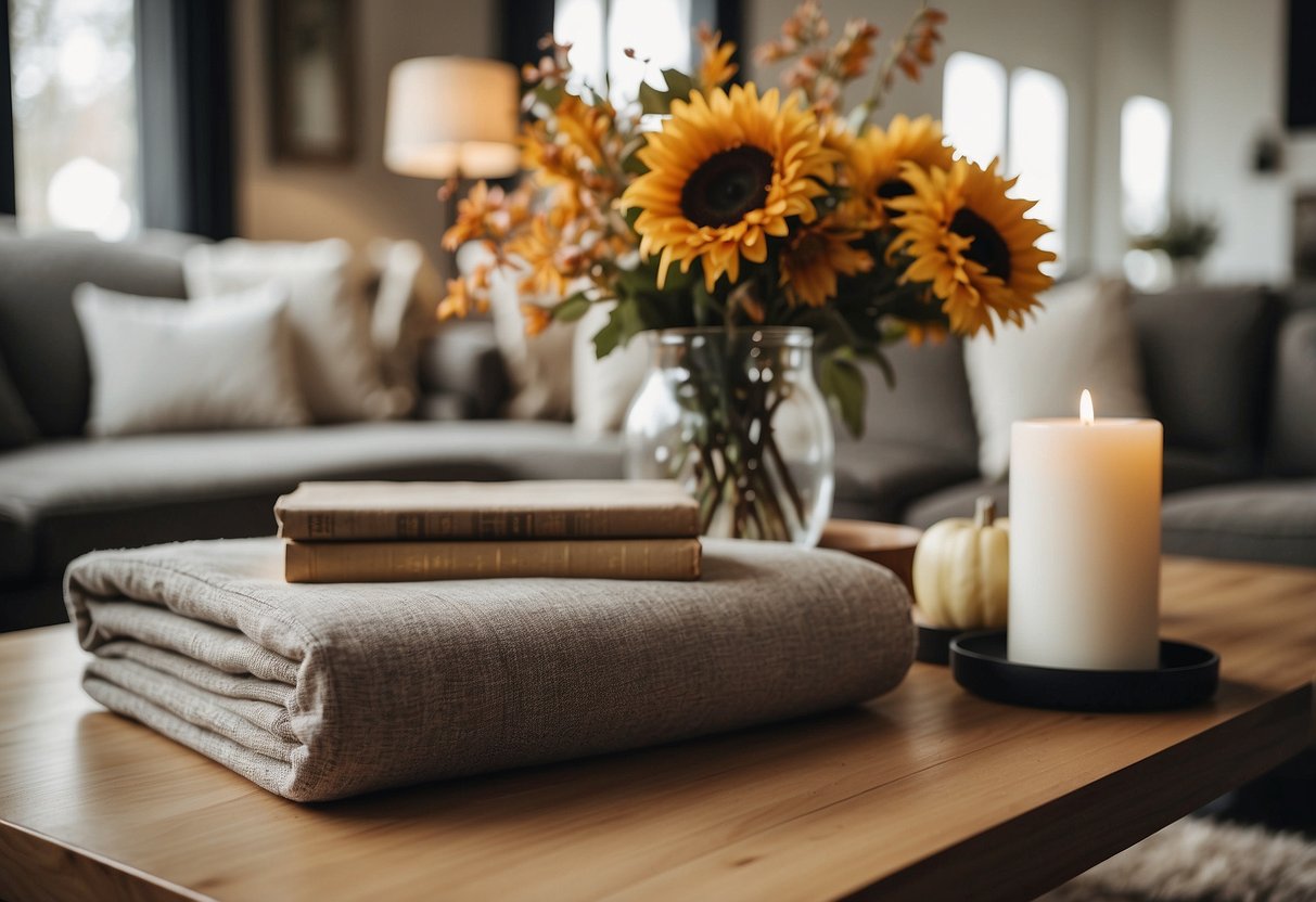 A cozy living room with warm-toned throw pillows, a rustic wooden coffee table, and a stylish autumn-themed centerpiece on the mantel