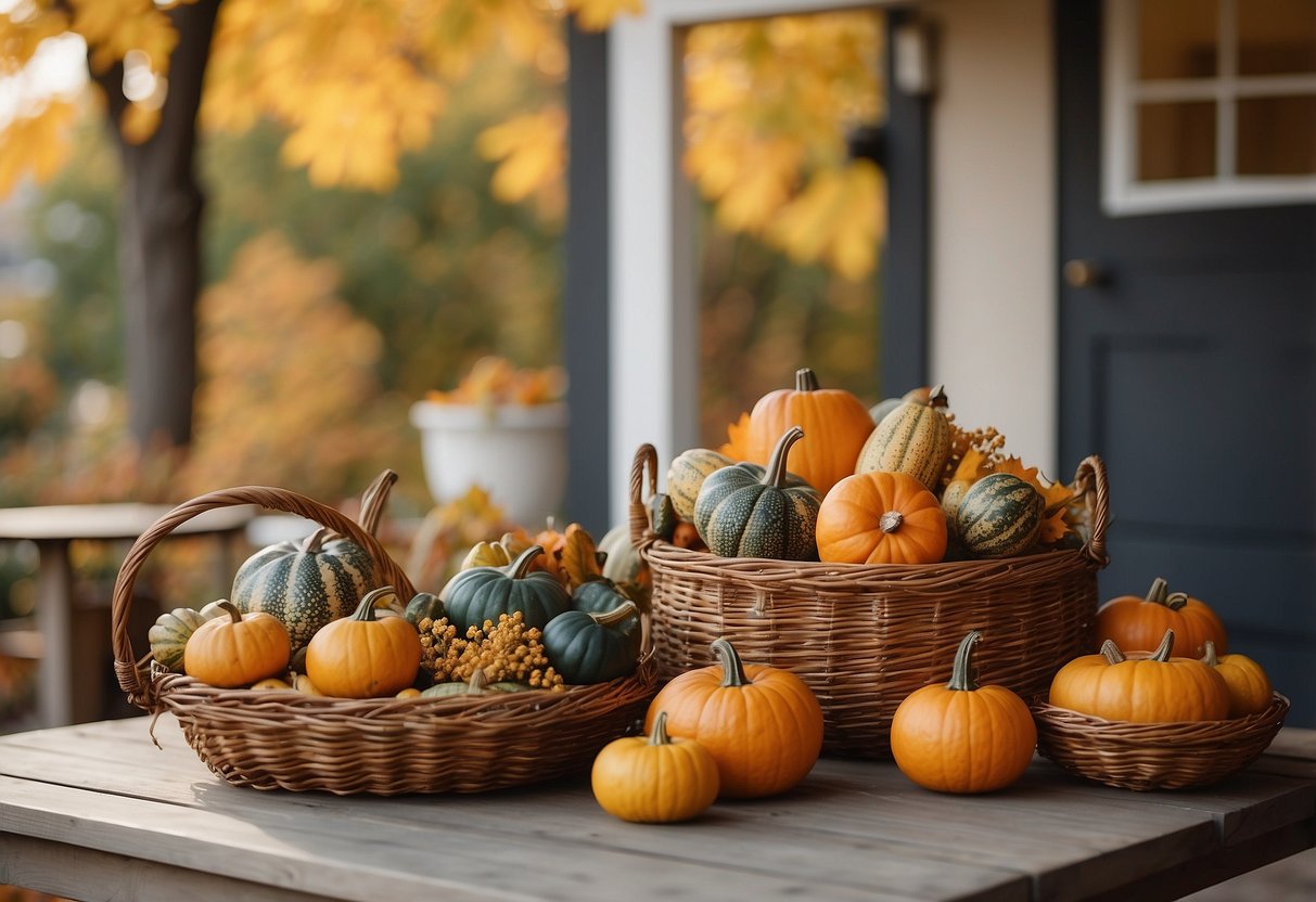 A table adorned with woven harvest baskets filled with fall foliage and gourds, set against a backdrop of modern home decor