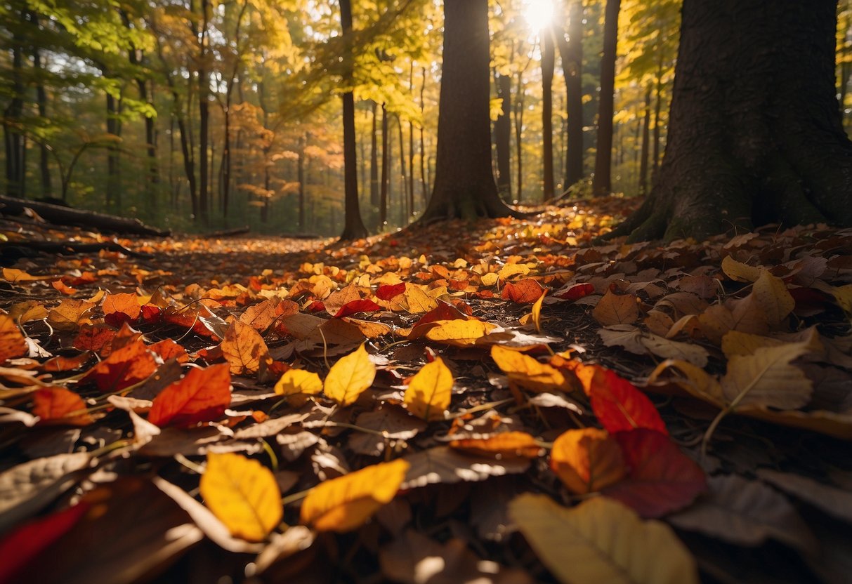 Vibrant leaves in various shades of red, orange, and yellow, scattered across a forest floor with sunlight streaming through the trees