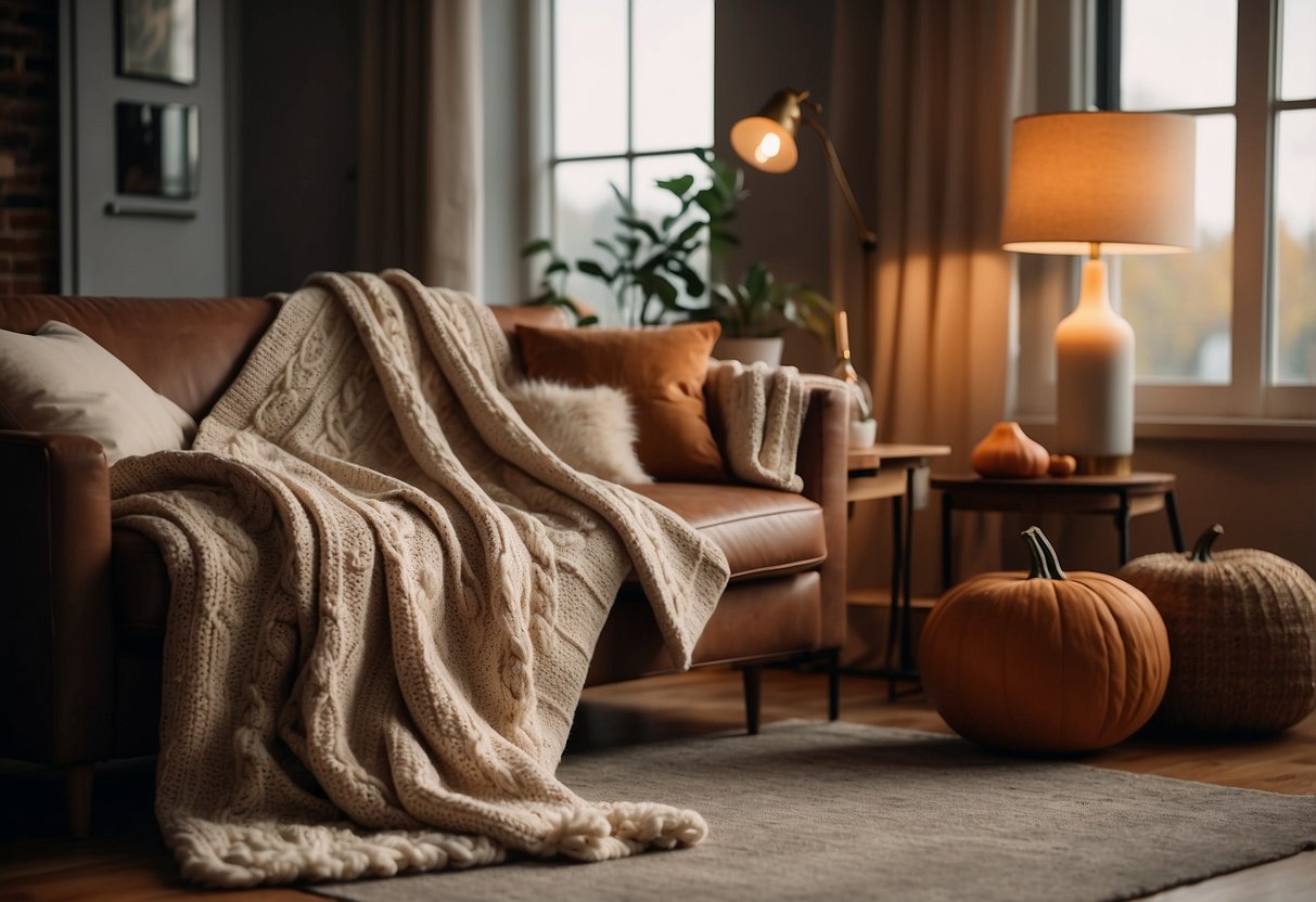 A cozy living room with cable knit blankets draped over a plush sofa, paired with warm autumn-themed decor and soft lighting