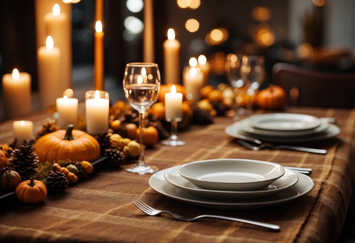 A dining table with modern autumn decor: plaid table runners, seasonal centerpieces, and warm lighting