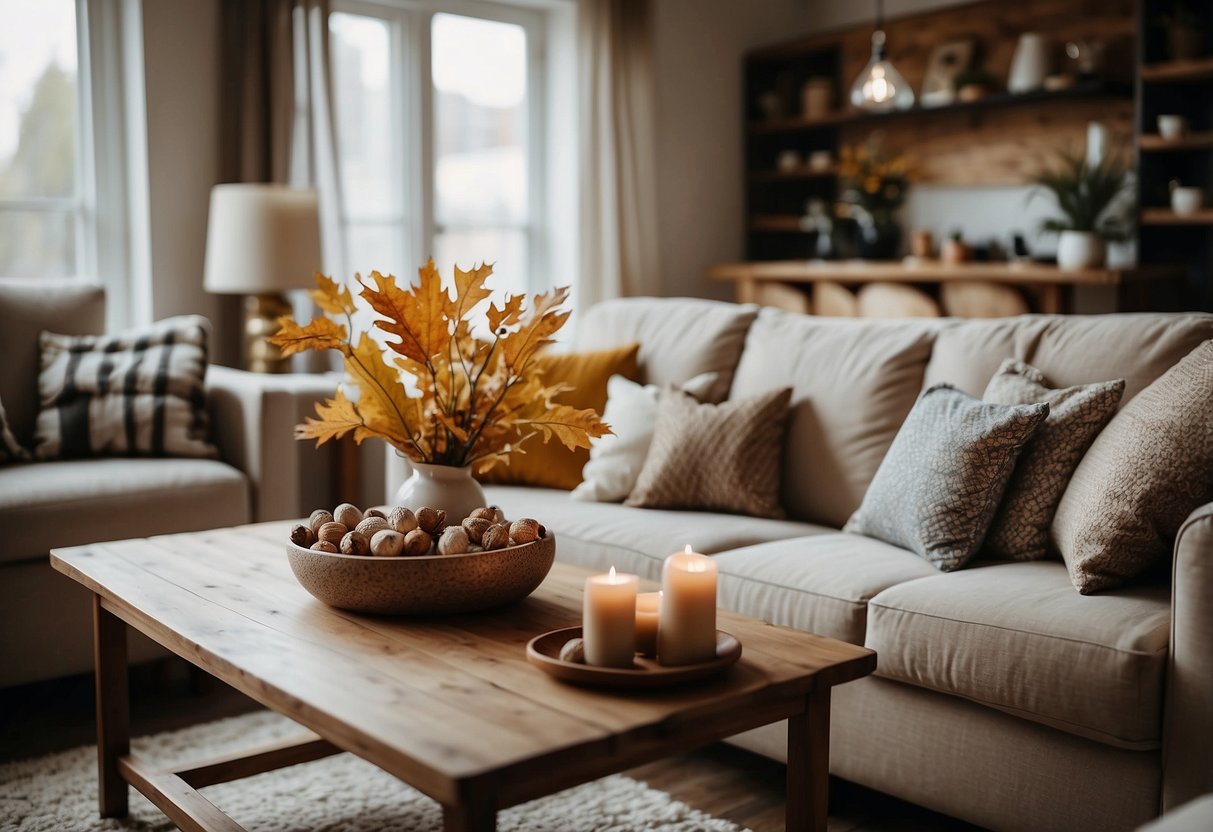 A cozy living room with acorn-themed decor accents, including throw pillows, wall art, and table centerpieces, creating a modern autumn atmosphere