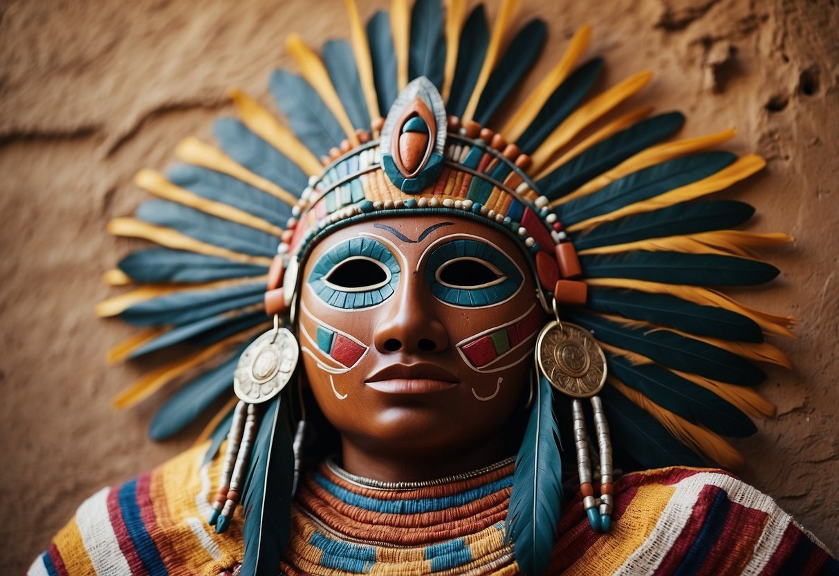 A colorful Aztec tapestry hangs on a stucco wall, surrounded by pottery and woven textiles. A carved wooden mask and feathered headdress add to the vibrant display