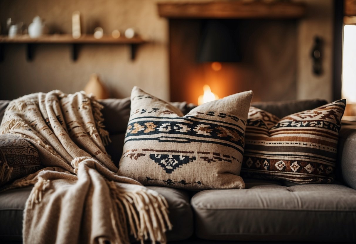 A cozy living room with llama wool throw blankets draped over a rustic sofa, paired with Aztec patterned pillows and decor