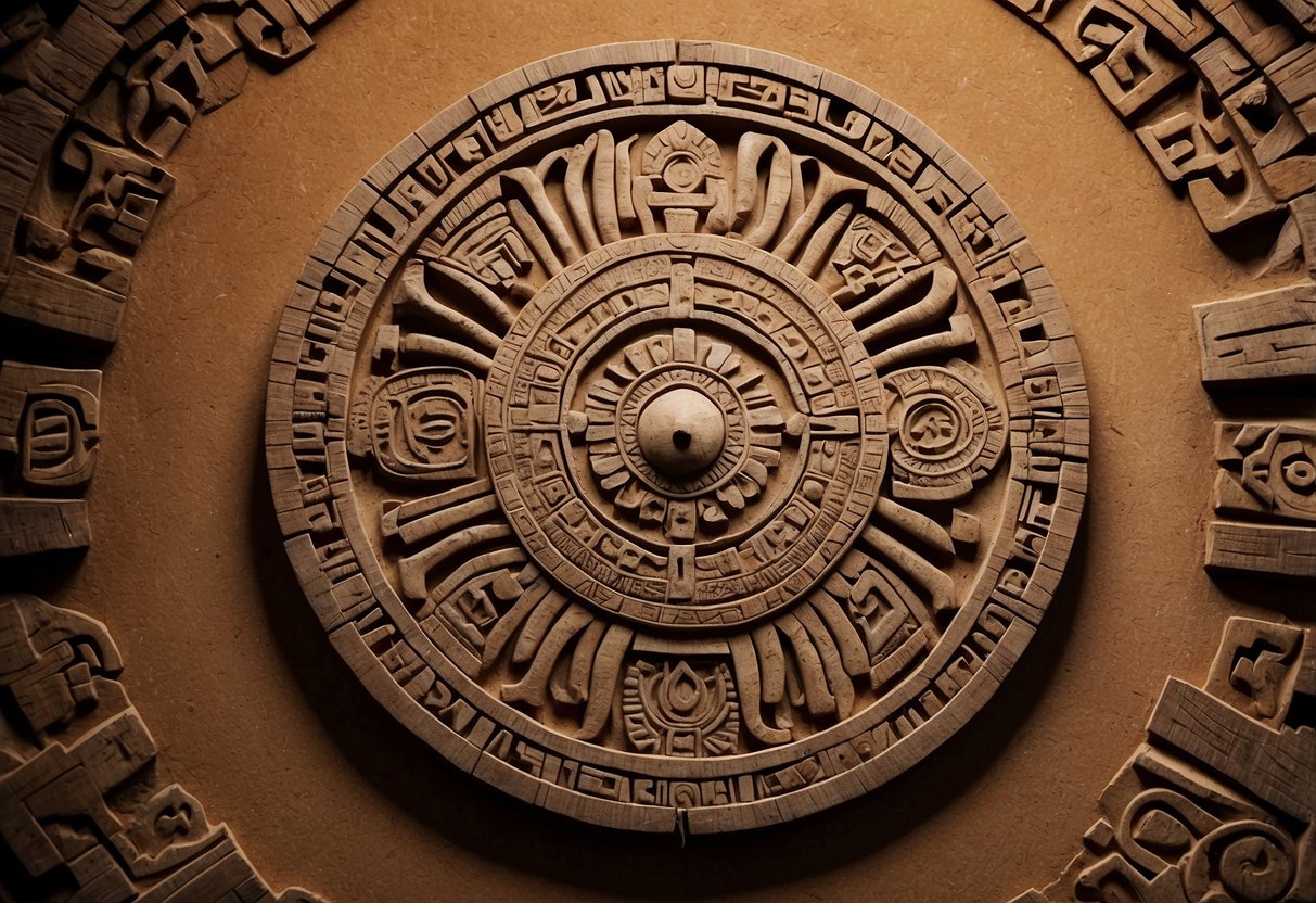 A rustic wooden Aztec calendar carving hangs on the adobe wall, surrounded by intricate carvings of animals, symbols, and geometric patterns