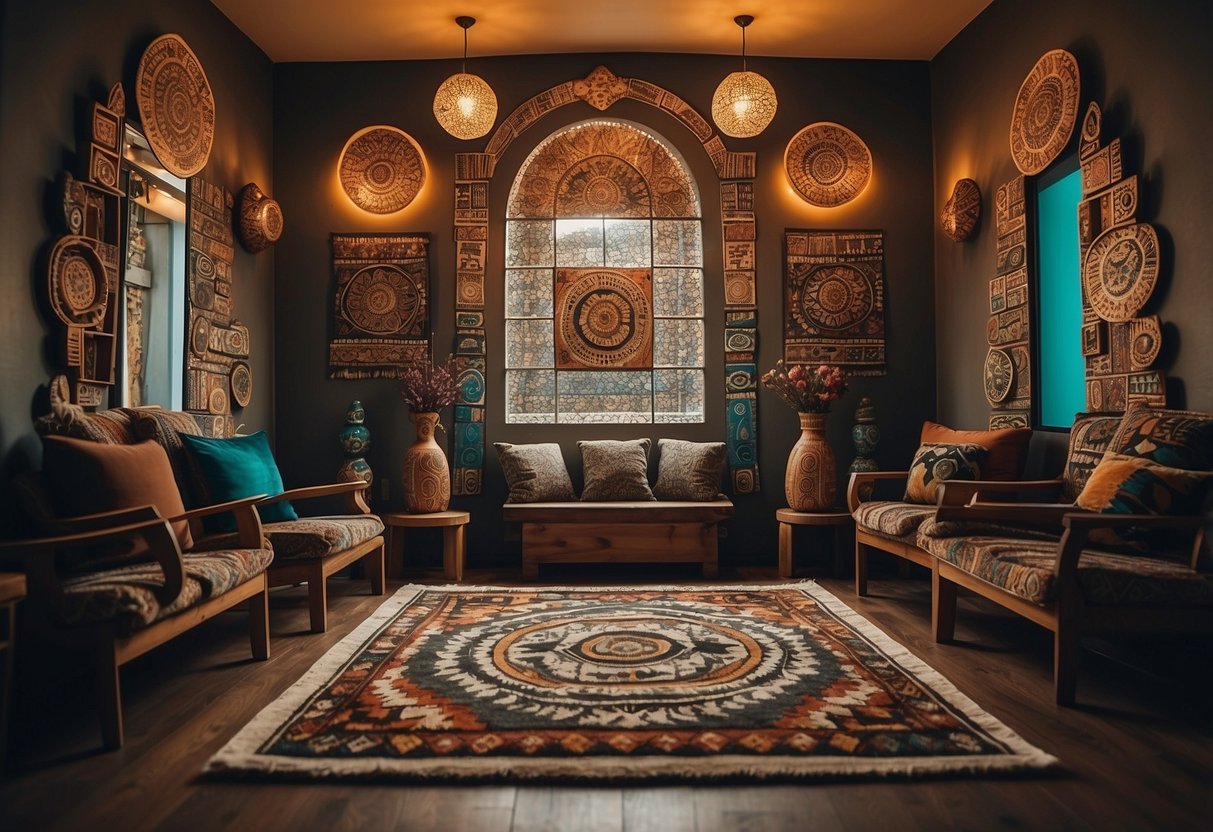 A room with Aztec decorative wall mirrors, colorful patterns and intricate designs, surrounded by Aztec-inspired home decor items