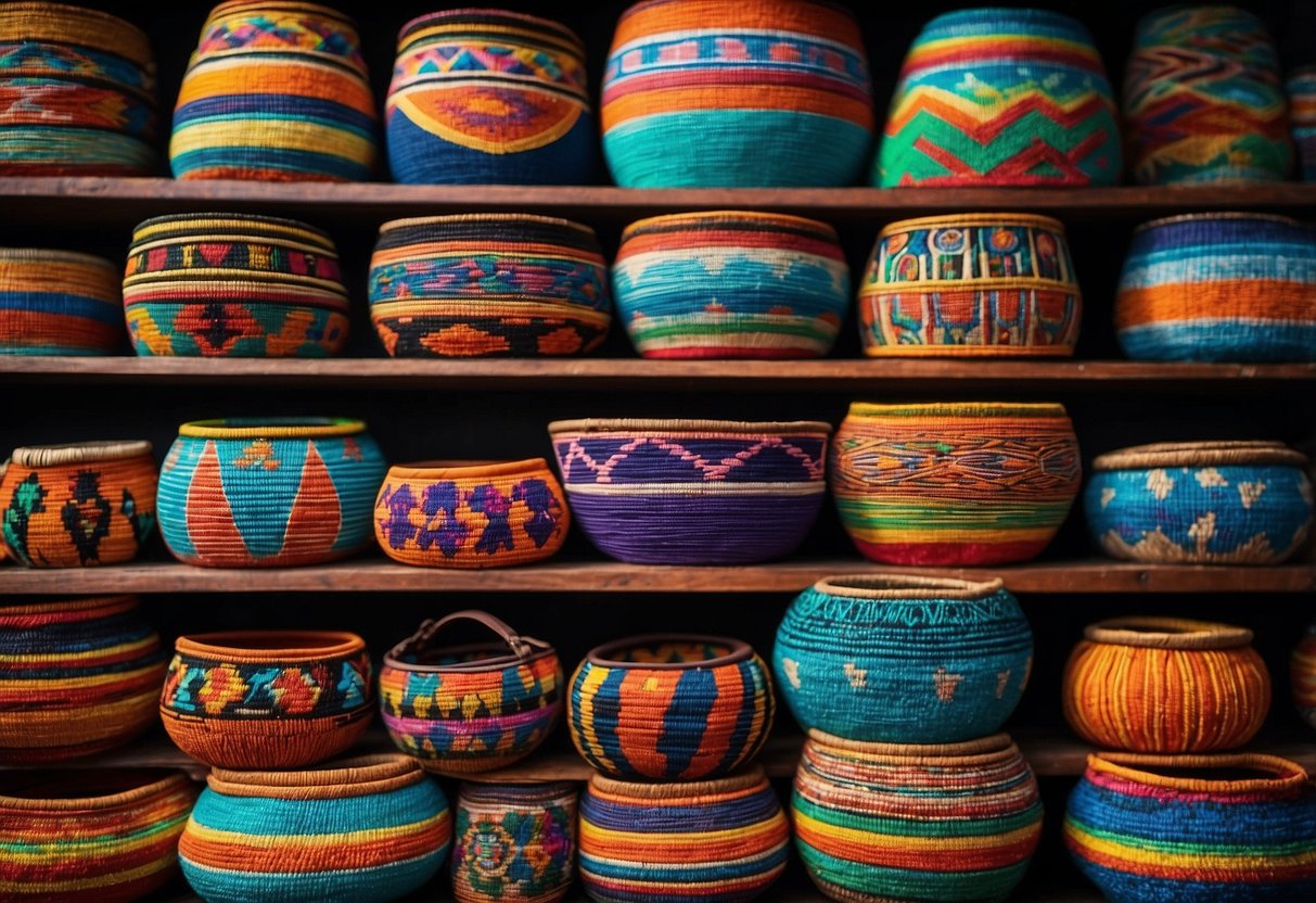 A collection of colorful, handwoven Huichol baskets displayed as Aztec home decor