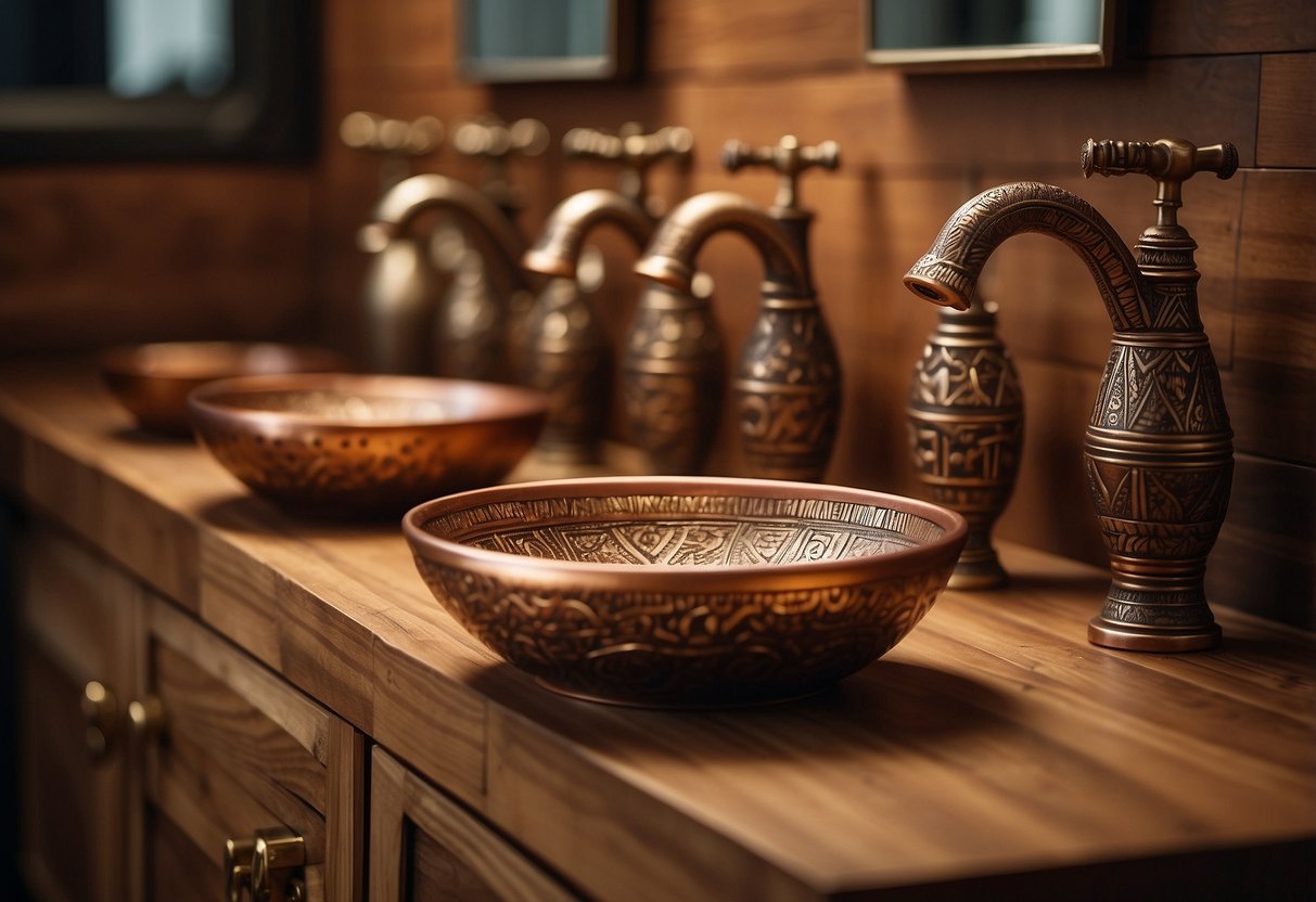 Copper sinks with intricate Aztec patterns adorn a rustic bathroom, complementing the warm tones of the wooden cabinets and earthy color palette