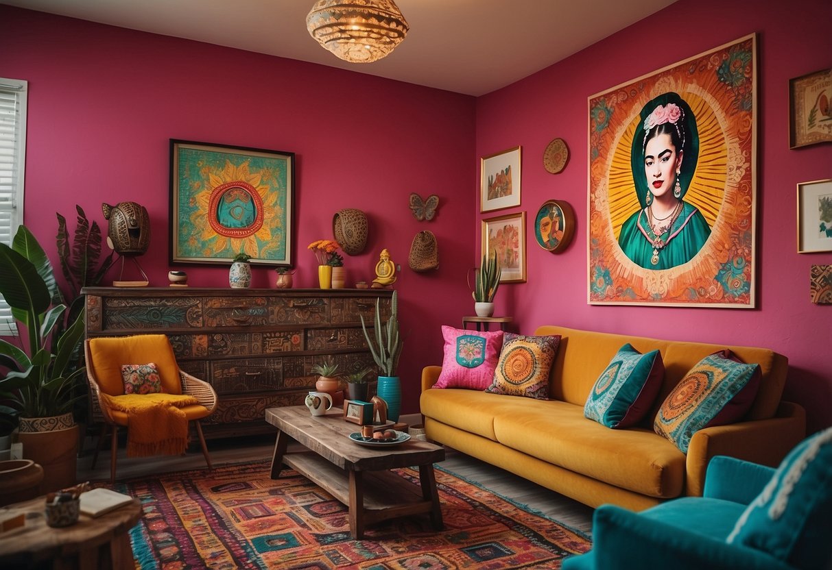 A colorful Aztec-inspired room with Frida Kahlo art prints on the walls, surrounded by vibrant home decor accents