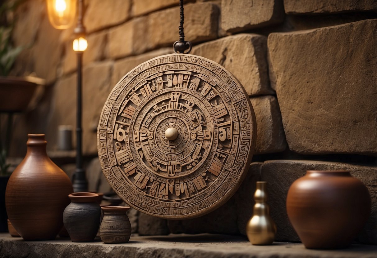 An Aztec calendar clock hangs on a stone wall surrounded by traditional home decor like woven tapestries and clay pottery