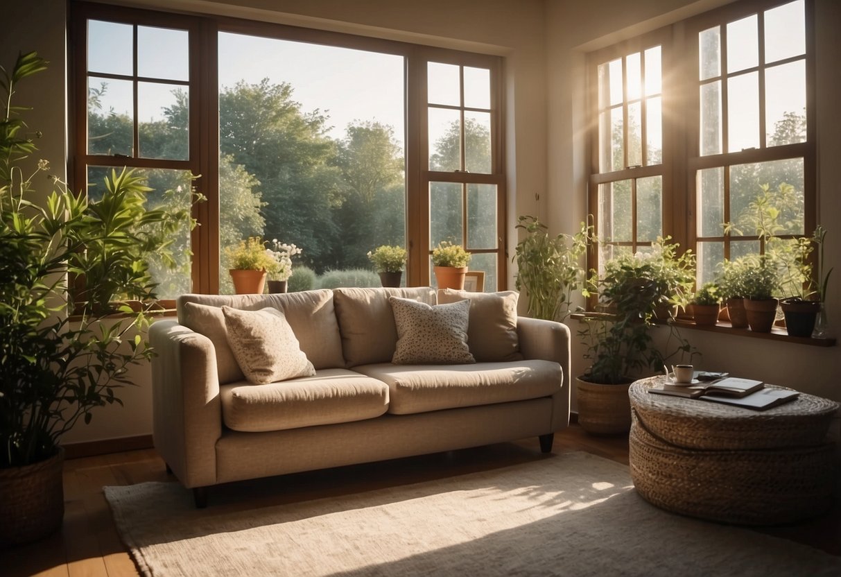 A spacious living room with a large window overlooking a lush garden. Sunlight streams in, highlighting a cozy reading nook with a comfortable armchair and a small side table with a vase of fresh flowers