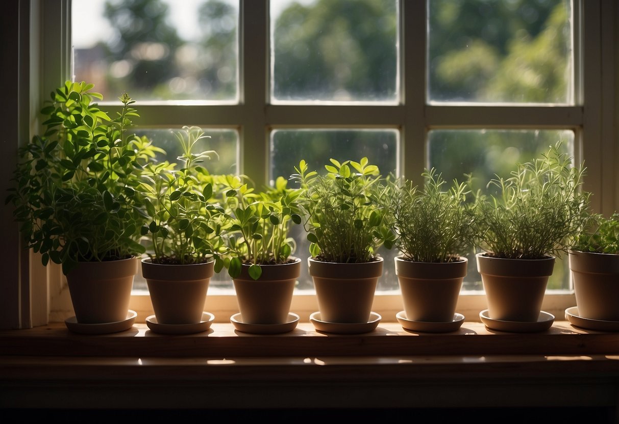 An array of potted herbs lined on a wooden shelf, basking in the sunlight pouring through a large window, adding a touch of greenery to the indoor space