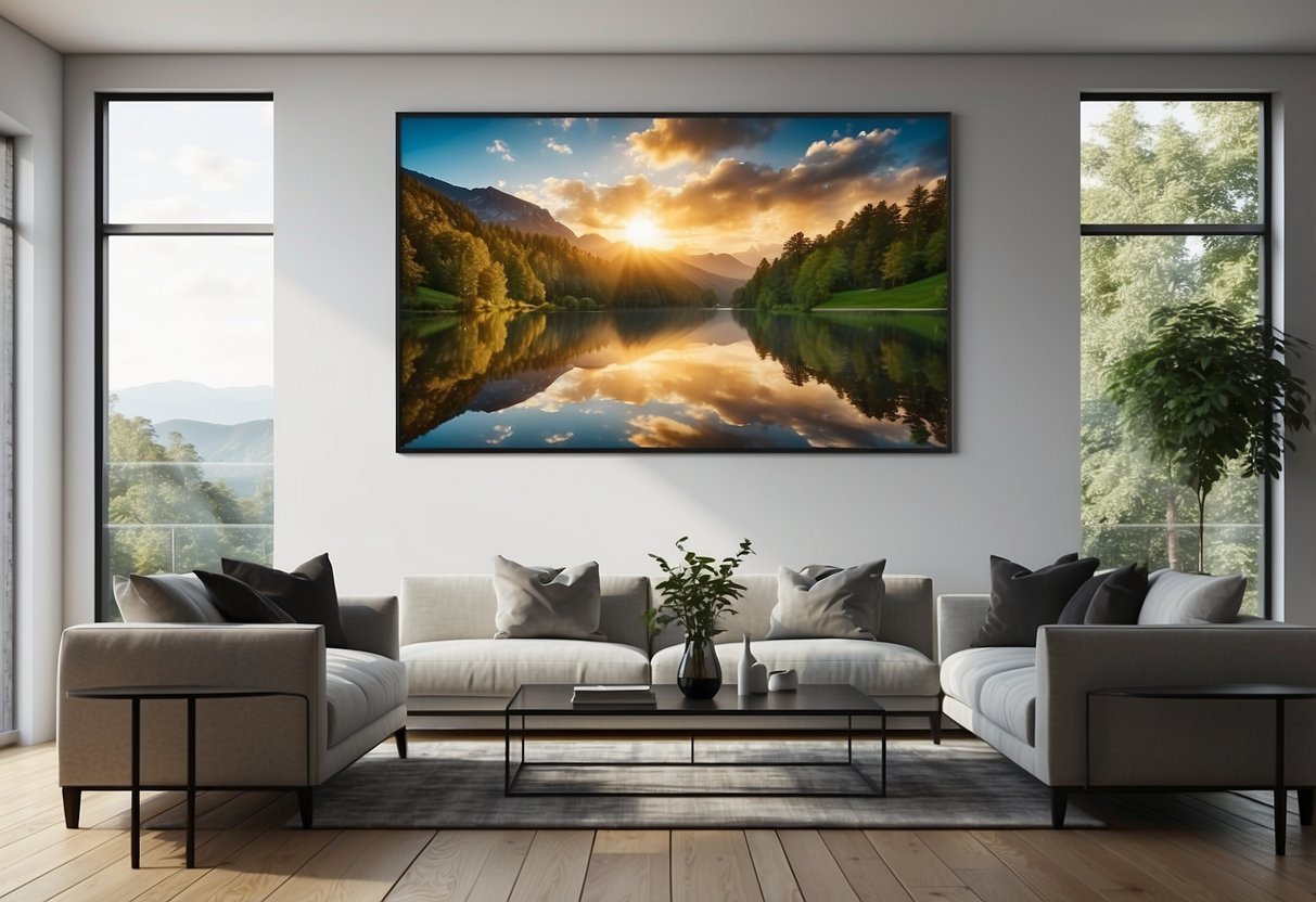 A large abstract canvas hangs above a sleek modern sofa, framed by a floor-to-ceiling window with a view of nature