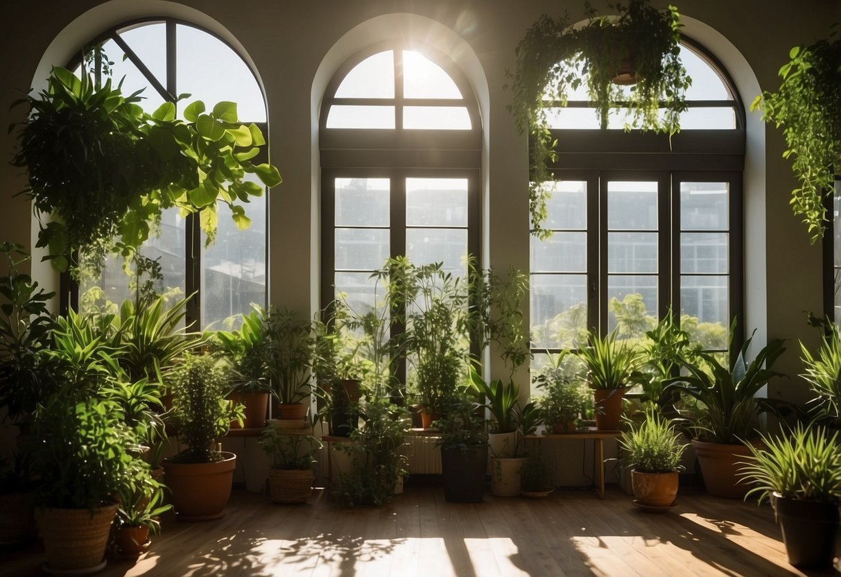 A spacious room with a large window filled with potted plants and hanging greenery. The sunlight streams in, casting a warm glow on the lush foliage