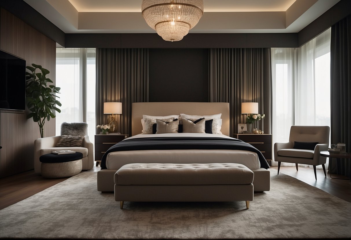 A spacious bedroom with a large area rug in the center, surrounded by stylish furniture and soft lighting