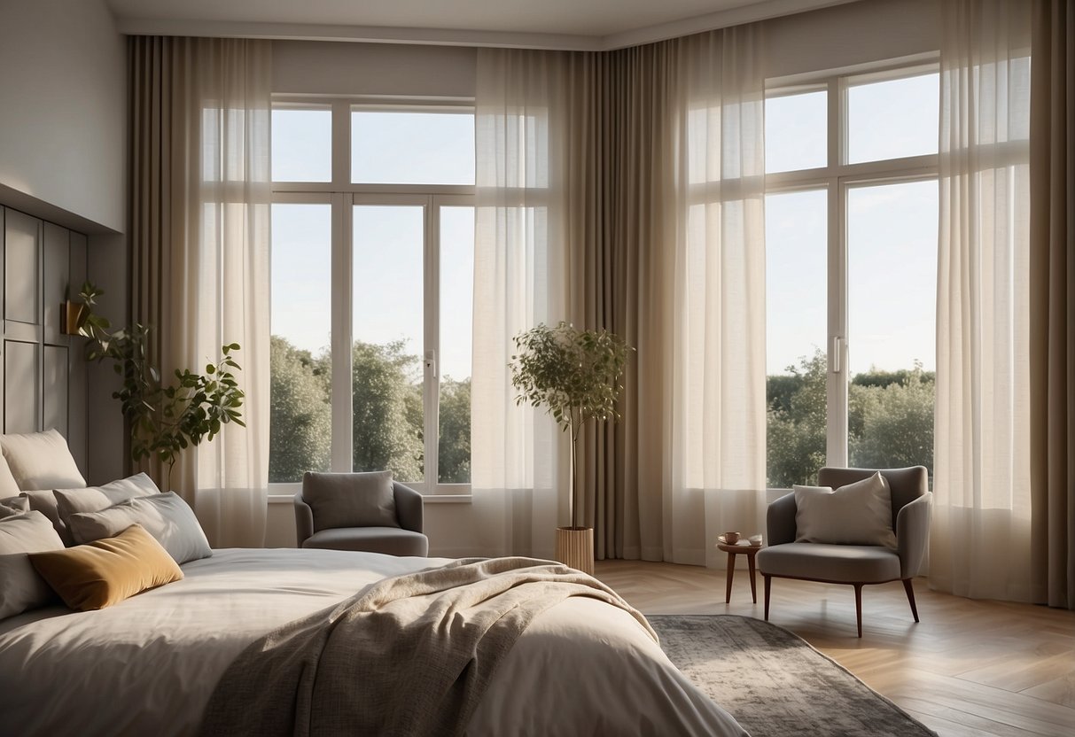 A spacious bedroom with floor-to-ceiling curtains, billowing in the breeze. The curtains are a soft, neutral color, adding a touch of elegance to the room