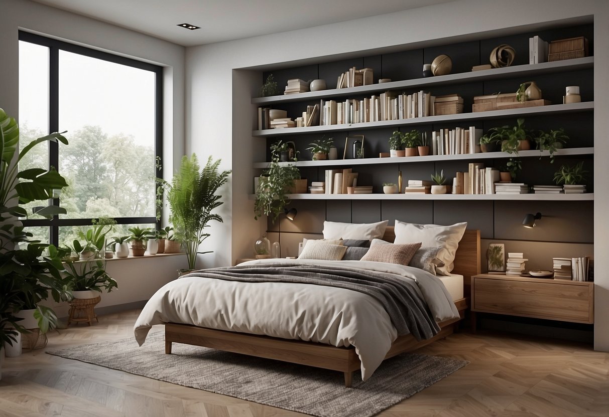 A spacious bedroom with a large built-in bookshelf filled with books, plants, and decorative items. The shelves are neatly organized with a mix of vertical and horizontal arrangements