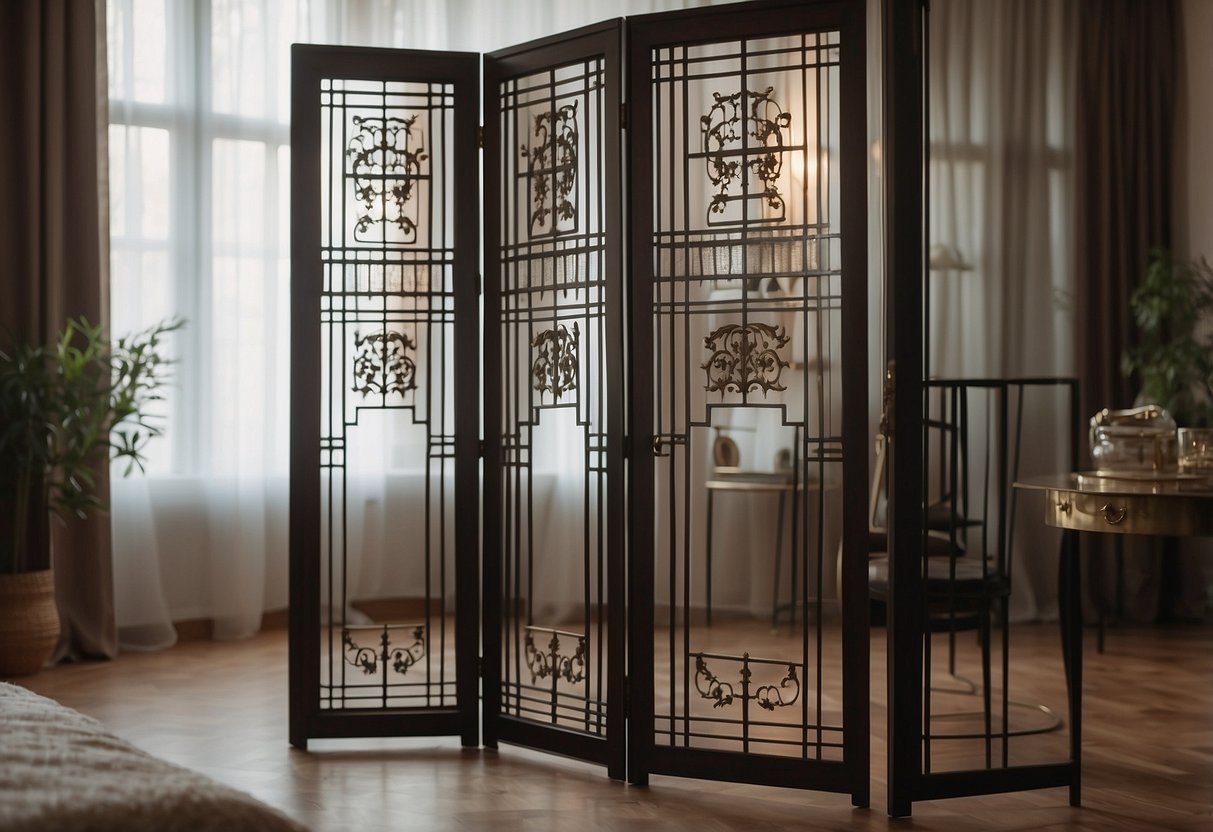 A large, ornate room divider stands in the corner of a spacious bedroom, adding a touch of elegance to the decor