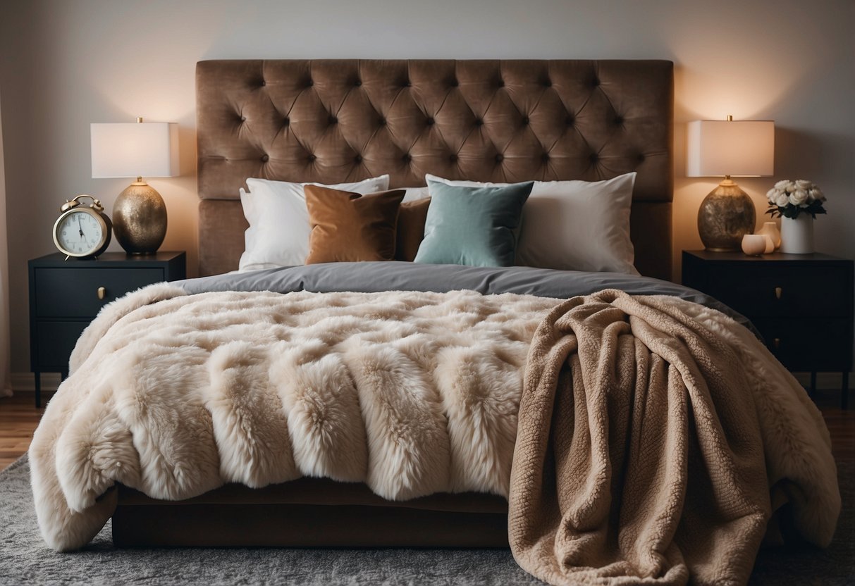 A large bedroom with plush throw pillows scattered on a cozy bed, adding a touch of comfort and style to the room's decor