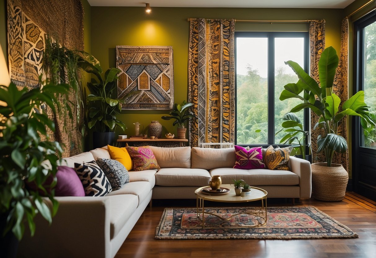 A cozy living room with vibrant afrocentric prints, gold accents, and lush green plants. A statement wall adorned with African art and a comfortable reading nook completes the space