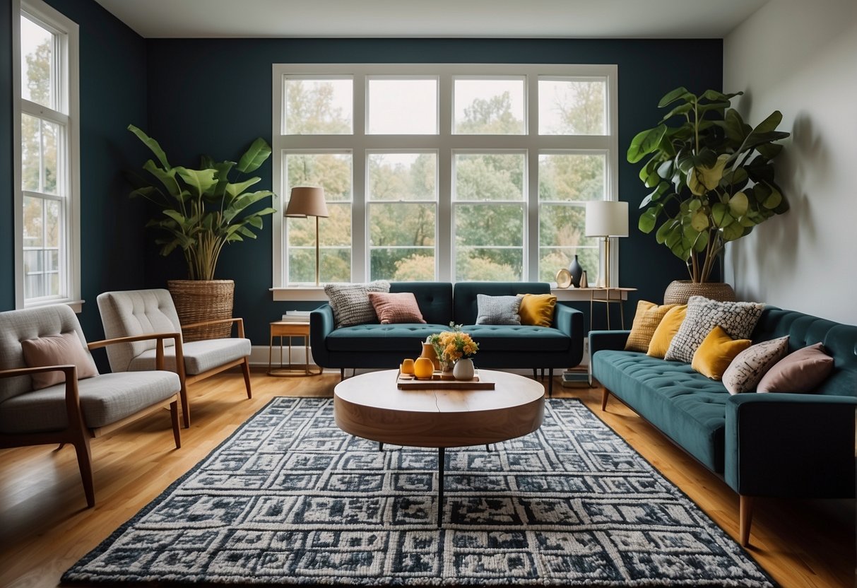 A living room with vibrant, bold-patterned rugs, complementing the modern decor, creating a stylish and inviting space for black women