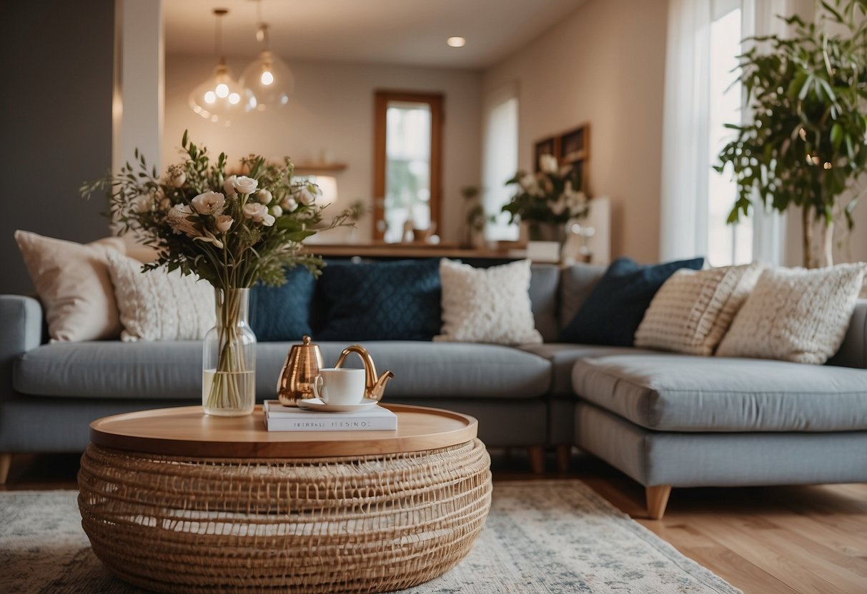 A cozy living room with two natural wood coffee tables, adorned with elegant decor, creating a warm and inviting atmosphere for black women