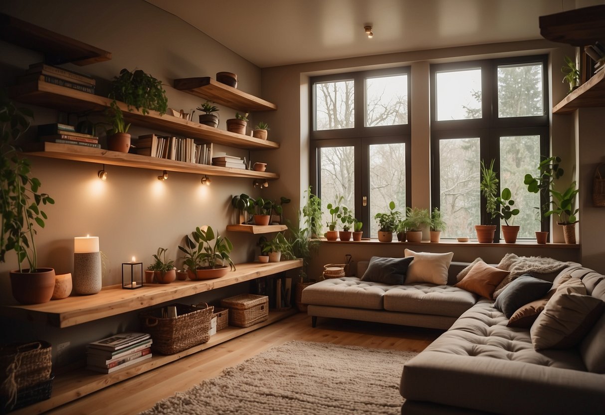 A cozy living room with natural wood Live Edge Shelves adorned with plants, books, and decorative items. Warm lighting and earthy tones create a welcoming atmosphere