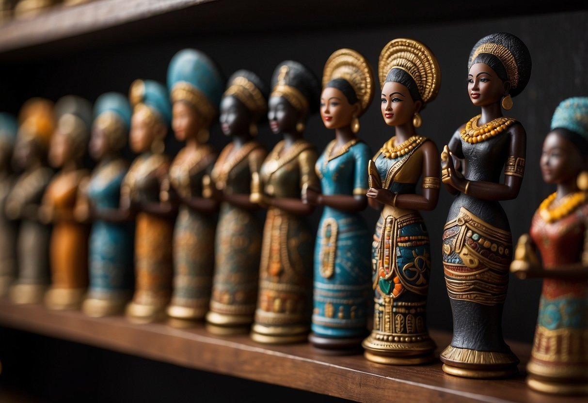 A display of cultural figurines adorns a shelf, celebrating the beauty and strength of black women. Rich colors and intricate details bring the decor to life