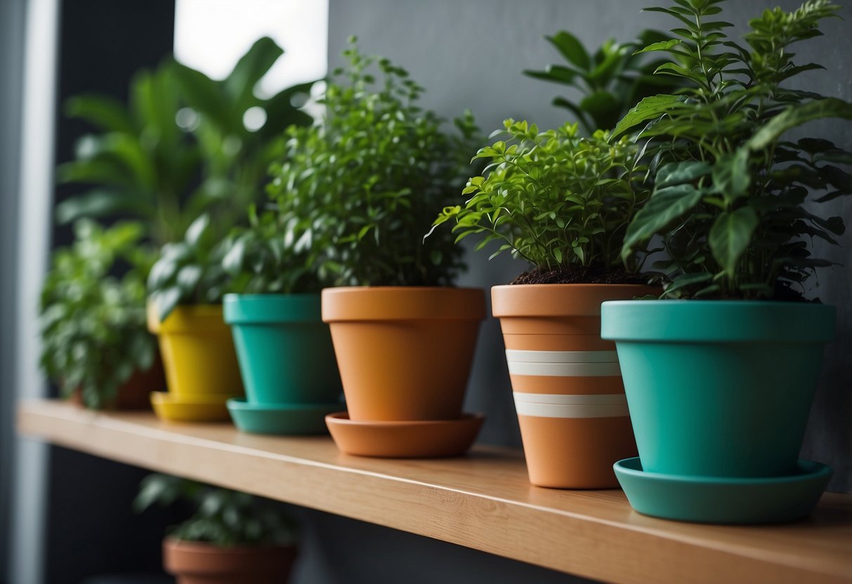 Colorful plant pots arranged on a shelf, with vibrant green plants spilling over the edges. The pots are in various sizes and patterns, adding a lively touch to the room