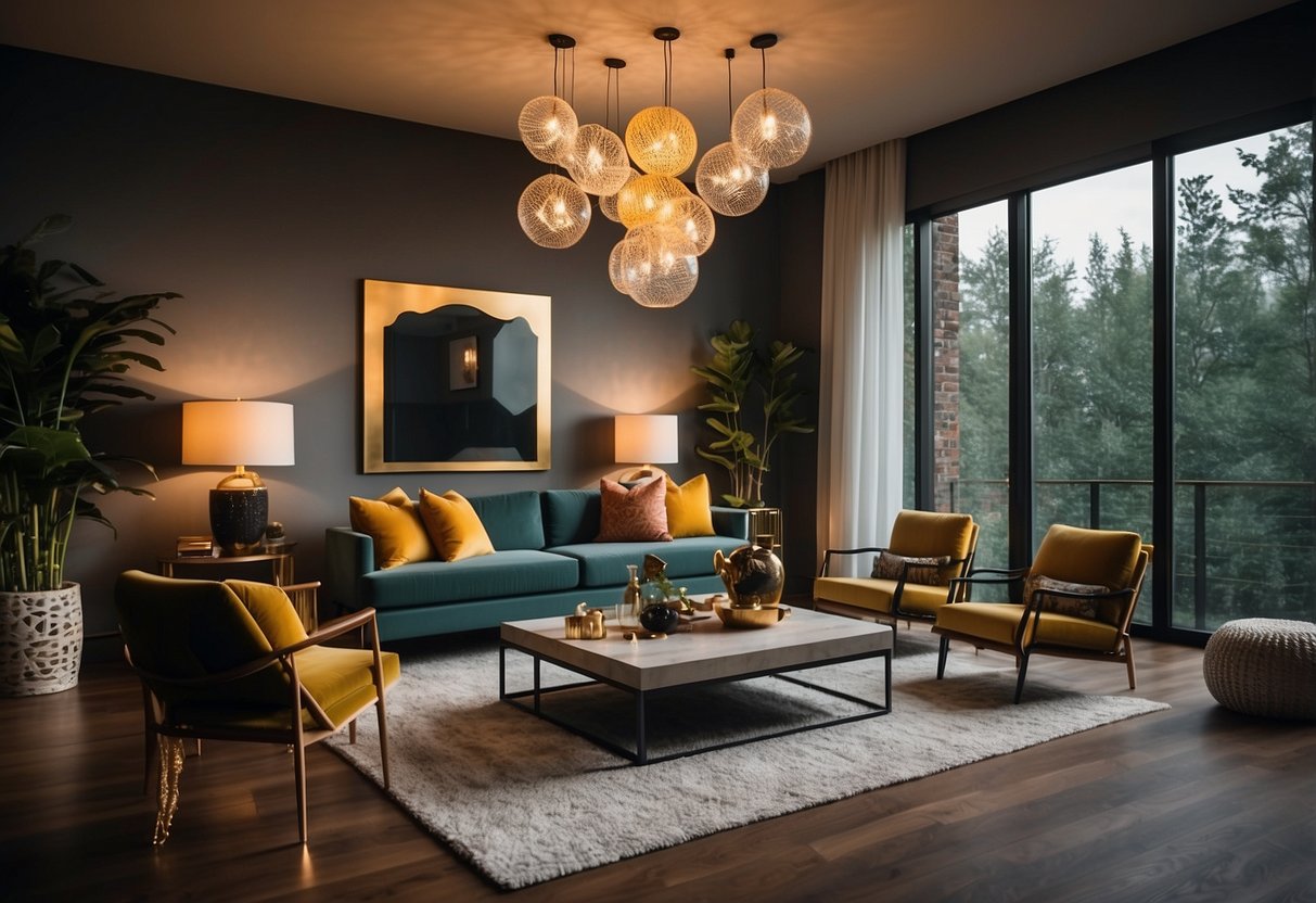 A modern living room with statement lighting fixtures, featuring bold and vibrant colors, and chic decor for black women