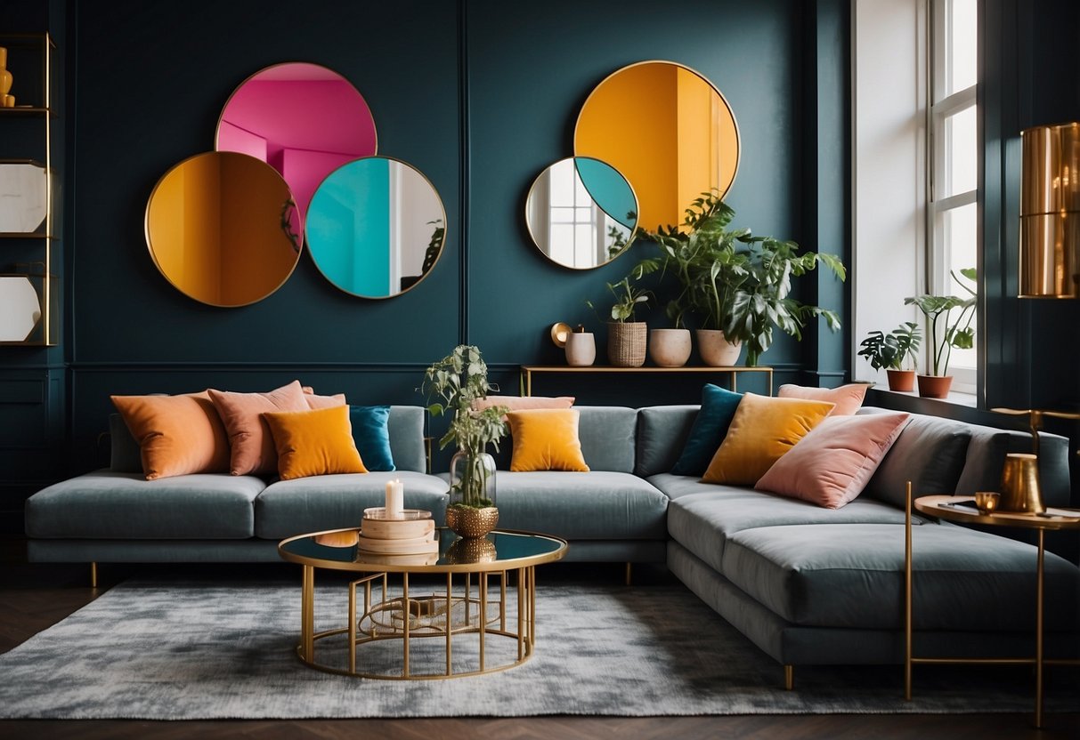 A living room with geometric mirrors on the wall, accented with vibrant colors and patterns, creating a stylish and modern home decor for black women