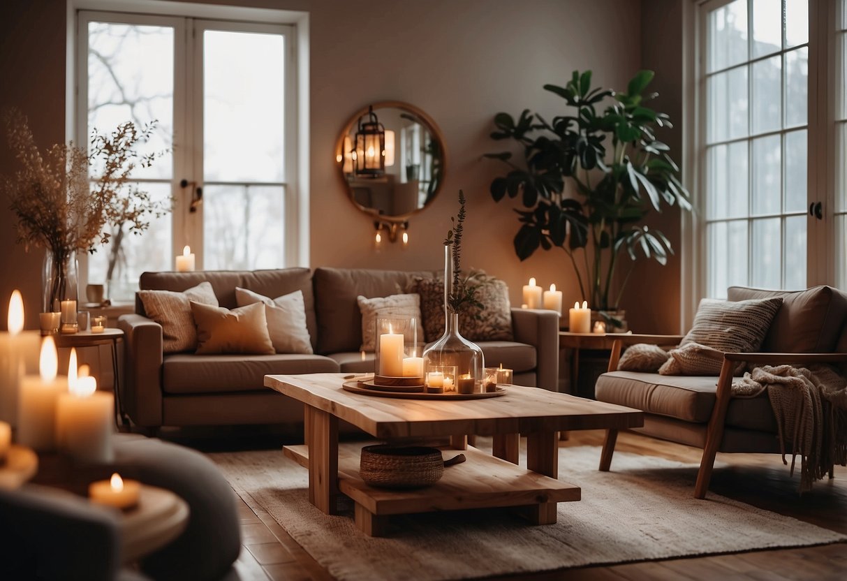 A cozy living room with brown wood furniture, warm lighting, and decorative accents like vases and candles