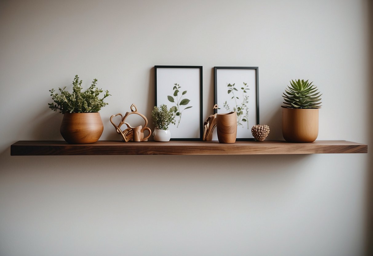 Three walnut wood floating shelves against a white wall, adorned with decorative items