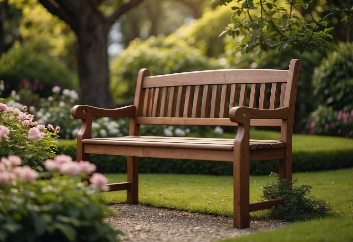 A teak wood garden bench sits in a lush green garden, surrounded by blooming flowers and tall trees. The rich brown color of the wood adds warmth and elegance to the outdoor space