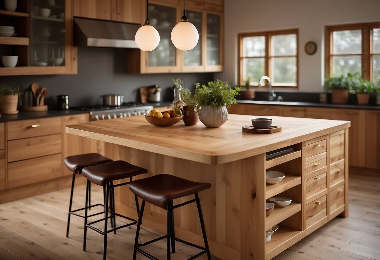 A birchwood kitchen island stands in a warm, cozy home, surrounded by brown wood decor