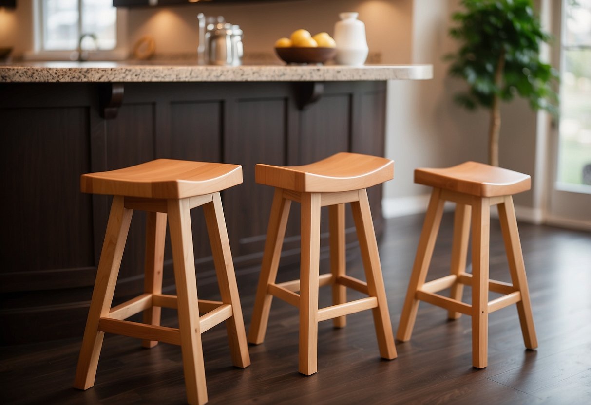 Three maple wood bar stools in a cozy home setting. The brown wood stools add warmth and elegance to the decor